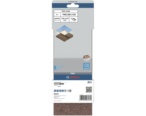 Schleifband für Bandschleifer Bosch, 100x610 mm, Korn 60/80/100 , Ungelocht, 3 Stück